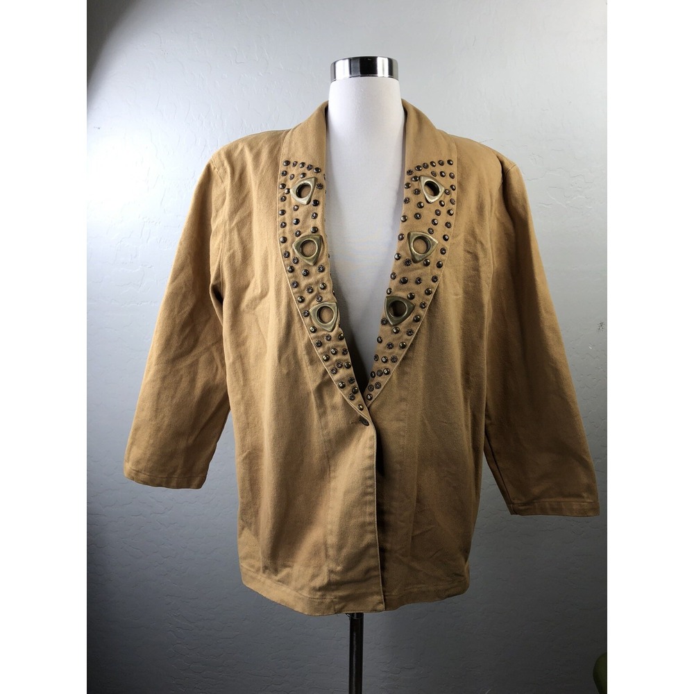 Vintage Womens‎ Large Cotton Canvas Blazer Jacket Embellished Tan Unbranded